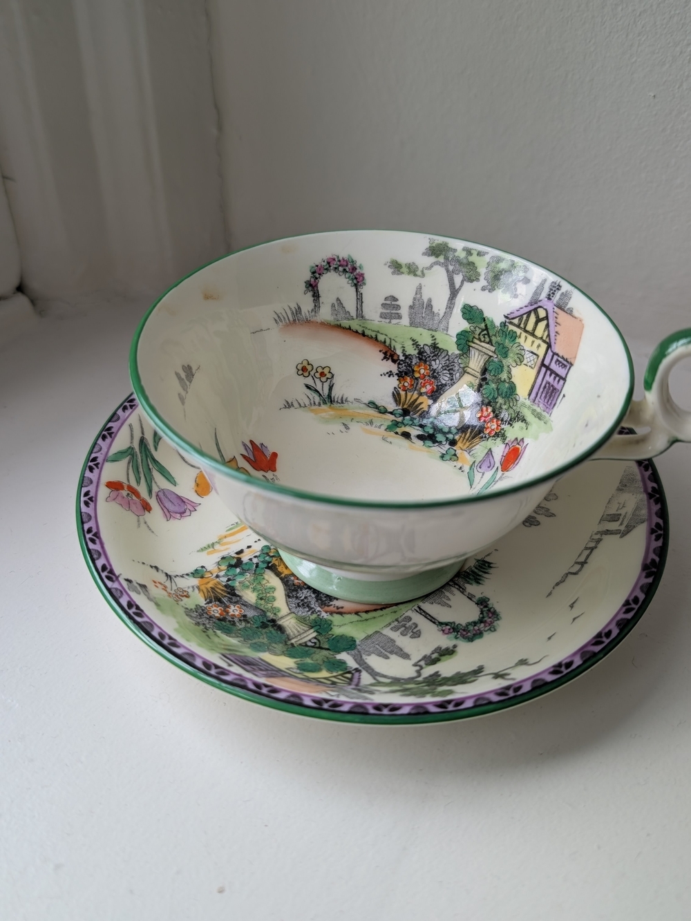 Fenton English Green and Purple Floral Cottage Teacup & Saucer